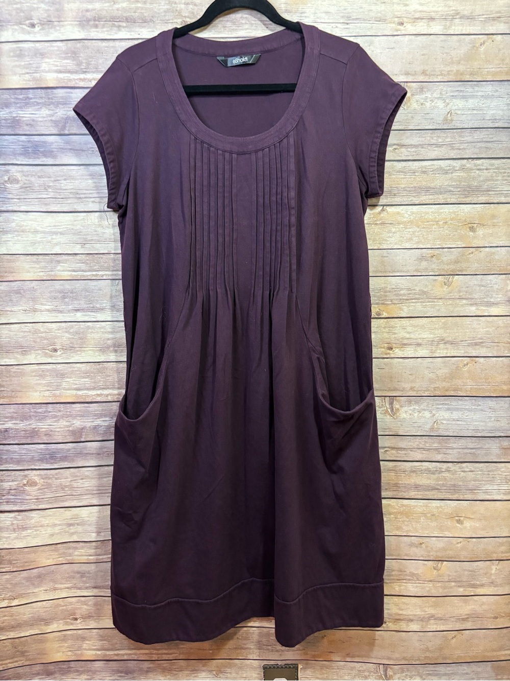 eShakti Pleated Cotton Knit Dress Plum Color Size XL Pockets